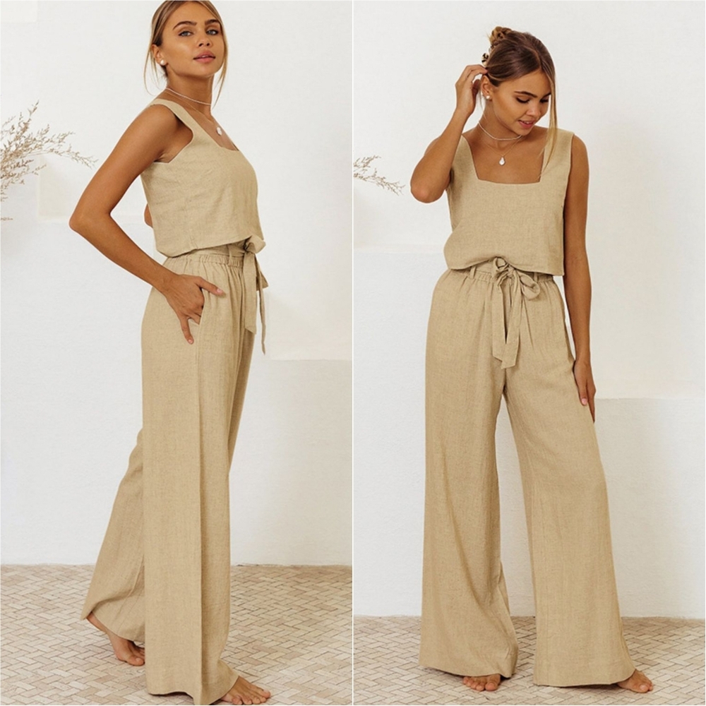 Chic Squares Top and Pants Set - Tan